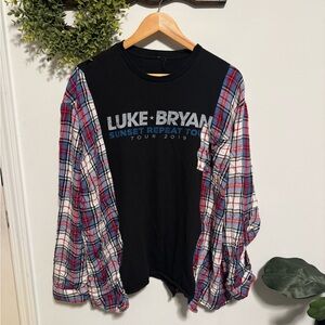 Custom Luke Bryan Sunset Repeat Tour 2019 Tee with Mixed Plaid Sleeves